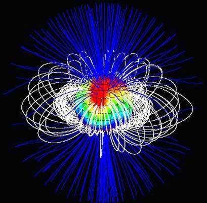 Structure du champ magnétique de l'étoile V374 Pegasi. © MM Jardine et JF Donati. LATT. OMP. CNRS. INSU.