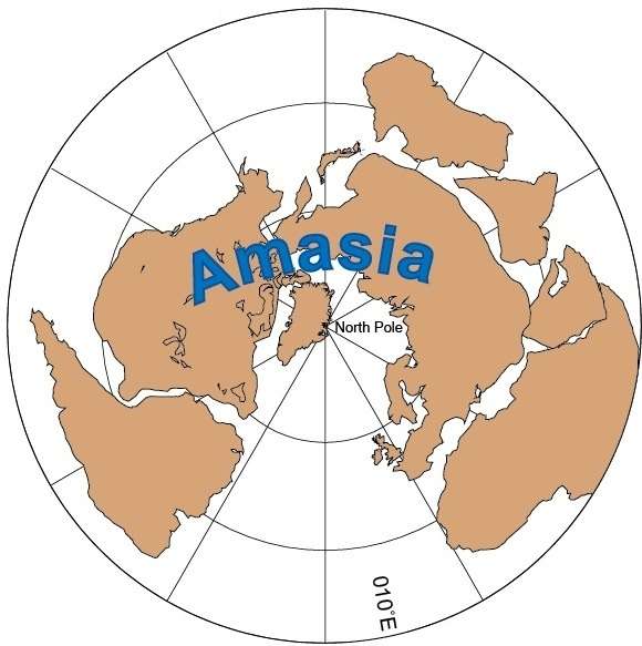 La configuration du prochain supercontinent proposée par les géophysiciens et fidèle à la théorie de l'orthoversion. Ce sera l'Amasie (Amasia en anglais). © Mitchell et al., Nature