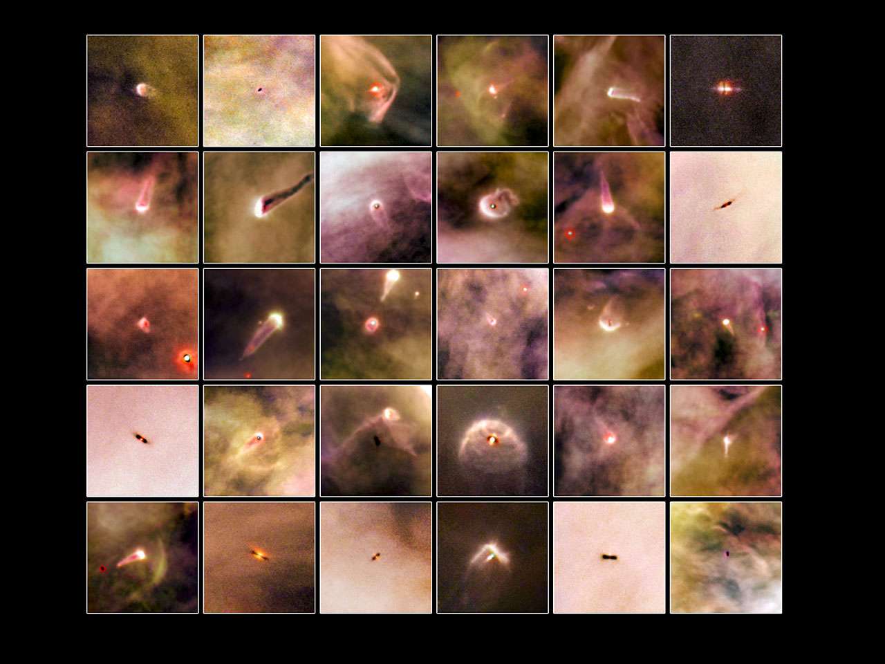 Ces photos réalisées par Hubble dans le visible montrent 30 disques protoplanétaires dans la nébuleuse d'Orion. C'est à la chasse à de tels disques que les astronomes invitent maintenant les internautes du village global. Les images où ils se trouvent peut-être ont été prises dans l'infrarouge avec Wise et 2MASS. © Nasa, Esa, Luca Ricci (Eso)