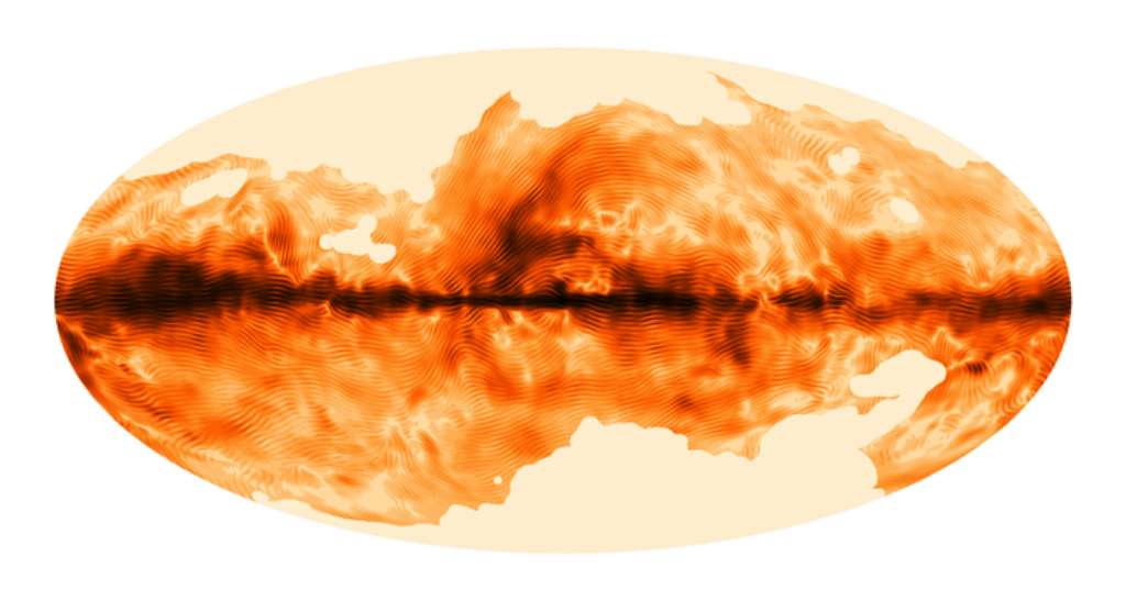 Le champ magnétique de la Voie lactée vu par le satellite Planck. Les régions les plus sombres correspondent à une émission polarisée plus forte et les stries indiquent la direction du champ magnétique projeté sur le plan du ciel. © Esa, collaboration Planck