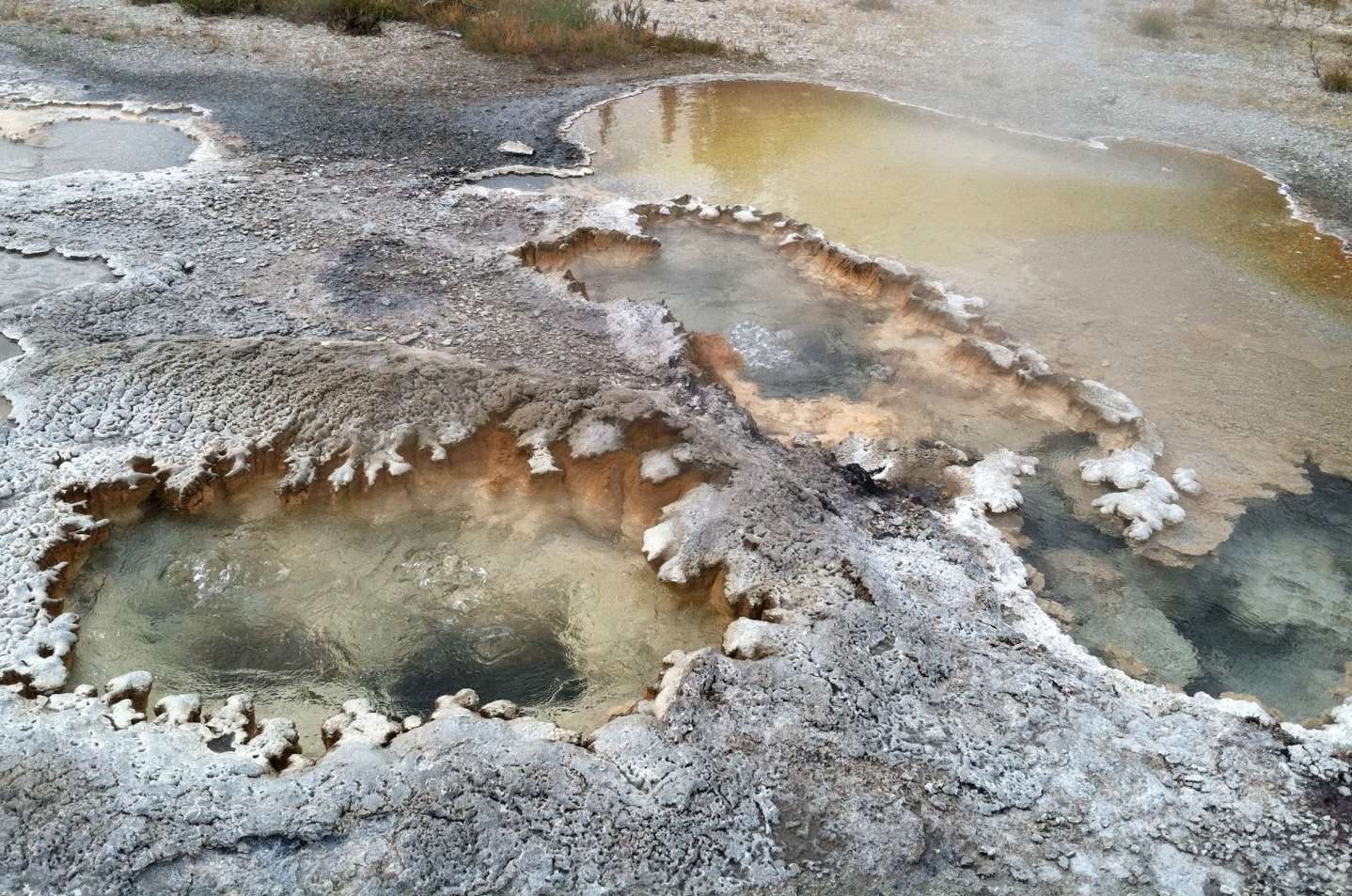 Non loin du lac Shoshone, dans le parc de Yellowstone, se trouve l'une des plus importantes concentration de geysers au monde. Les eaux siliceuses des sources hydrothermales déposent de la geysérite de couleur blanche. © DP, Jake Lowenstern
