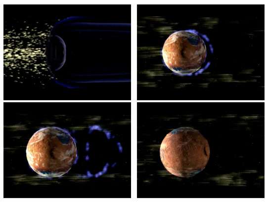 La mission Maven doit aider à étudier les interactions entre le vent solaire et l'atmosphère martienne. Ce vent qui souffle en continu à travers tous le Système solaire est une des principales causes à la perte de matière de l'atmosphère. © Nasa