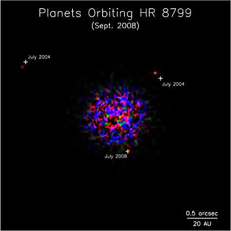 HR-8799 et son système planétaire, vu par le télescope de 8,1 mètres Gemini Nord. Crédit Université de Toronto