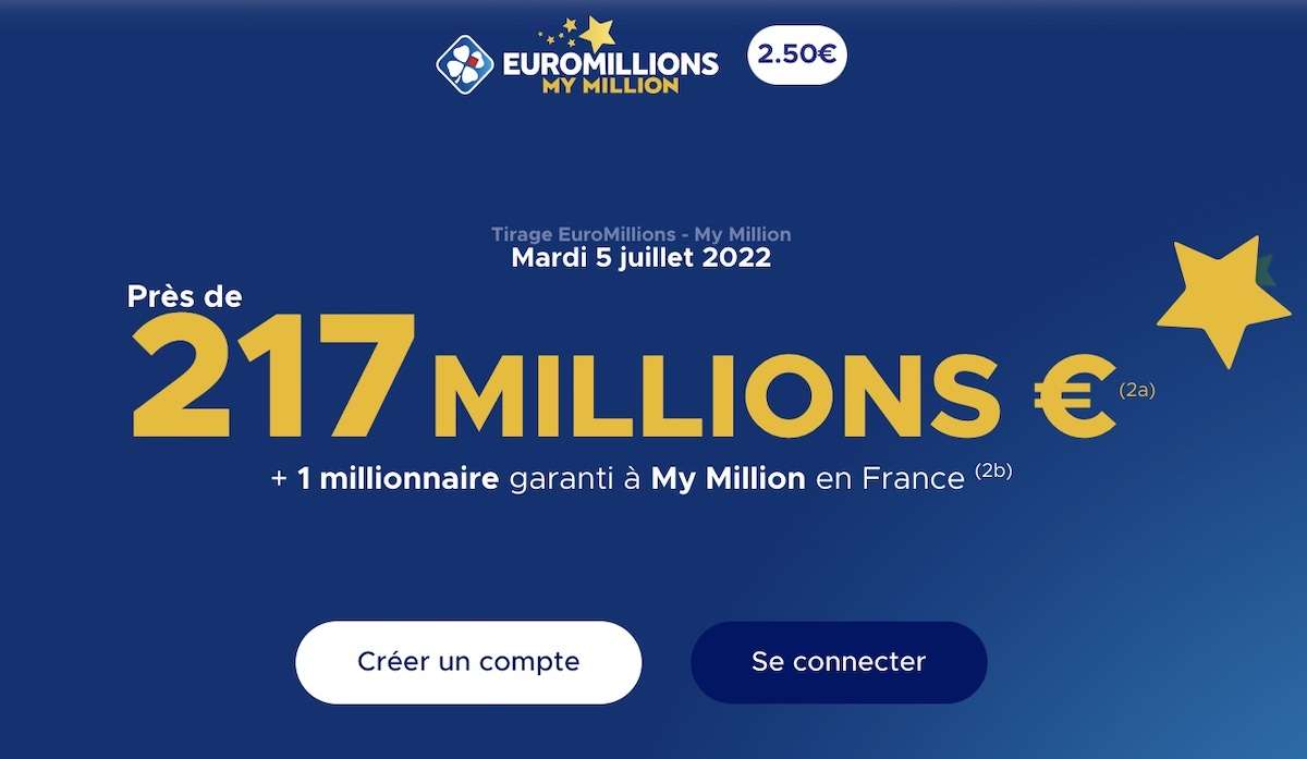 Ne manquez pas le méga jackpot exceptionnel EuroMillions FDJ de 217 millions d'euros en jeu à gagner ce soir. (Source : FDJ.fr)