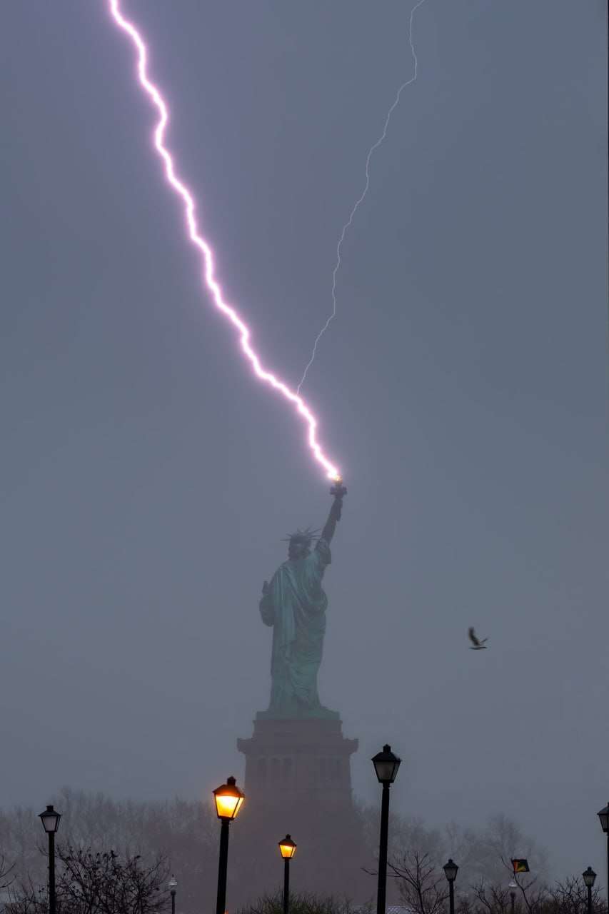 Une incroyable photo de la Statue de la Liberté foudroyée !