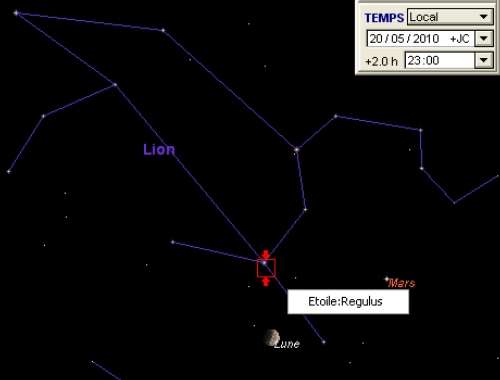 La Lune est en rapprochement avec la planète Mars et l'étoile Régulus