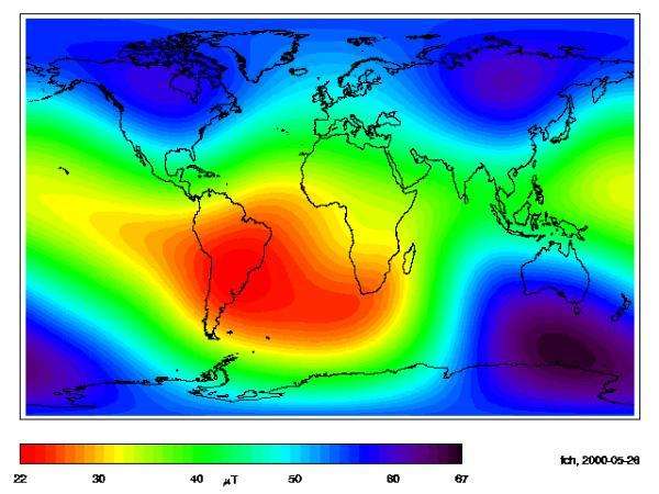 Du bleu au violet une intensité du champ magnétique de la Terre au dessus de la moyenne et du jaune au rouge en dessous. Cette carte a été réalisée à partir des données d'Oersted.Crédit : Danish Meteorological Institute