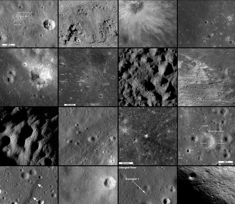 Quelques-unes des vues lunaires réalisées au cours des six premiers mois de la mission LRO par les caméras à bord de la sonde. Crédit Nasa/GSFC/ASU
