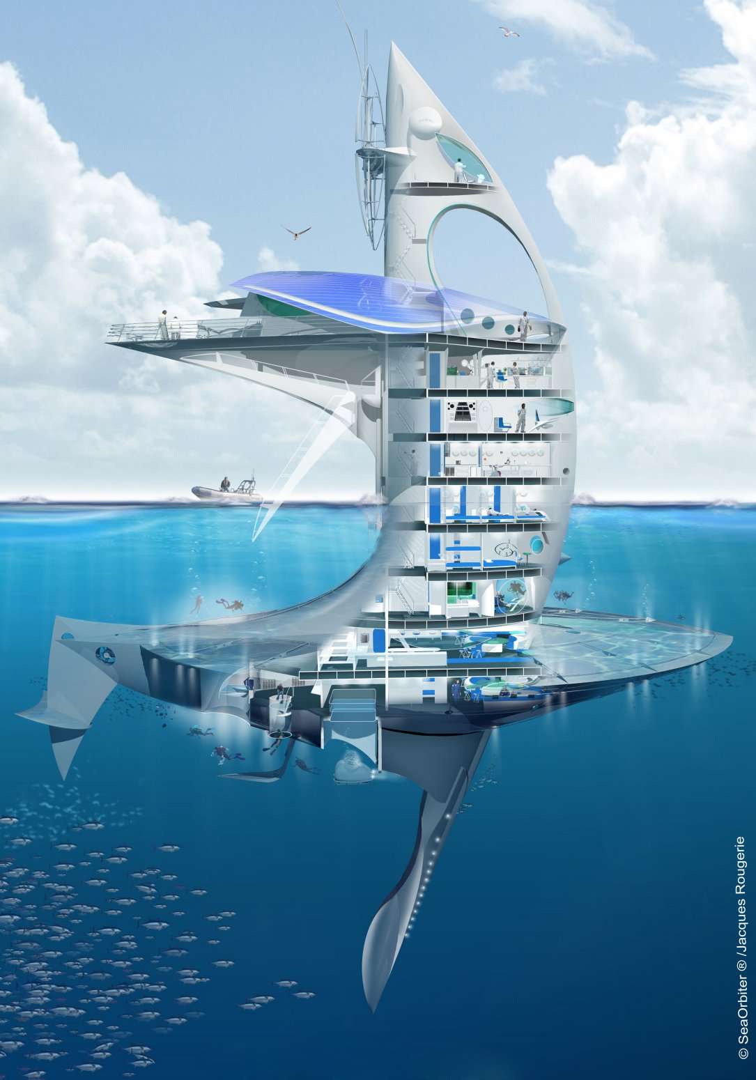 La conception de Sea Orbiter s'appuie sur 30 années de recherches, de réalisations et d'expérimentations dans le domaine des habitats sous-marins, Jacques Rougerie étant un architecte passionné par la mer. © Sea Orbiter
