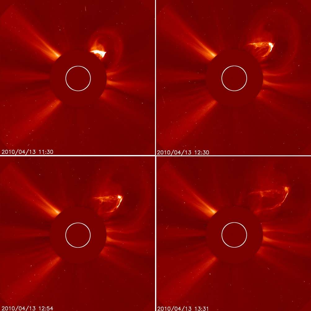 Extraites d'une animation vidéo réalisée par le coronographe du satellite Soho, ces quatre images montrent l'importante bulle de plasma qui s'est développée dans la couronne solaire le 13 avril 2010. Crédit Nasa/Esa/Soho