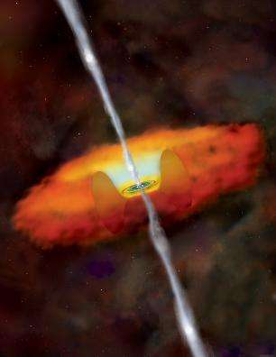 Vue d'artiste de ce que l'on pense représenter un Noyau Actif de Galaxie. L'engin central est un trou noir massif entouré d'un disque d'accrétion, par où le gaz s'écoule de la galaxie vers le trou noir, entouré d'un "tore" de poussière qui nous cache une