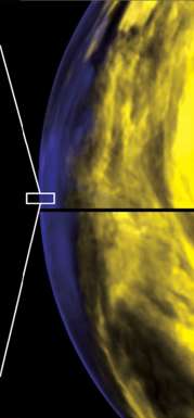 Limbe atmosphérique Lancée en 2005, Venus Express, une sonde de l'Esa, étudie l'atmosphère de Vénus. Ici, l'instrument Virtis (Visible and InfraRed Thermal Imaging Spectrometer) s'intéresse à l'analyse spectrale de l'atmosphère au niveau du limbe atmosphérique (dans le rectangle blanc). © Virtis/Venus Express/Esa