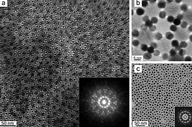 Des images montrant au microscope les nanoparticules s'assemblant pour former des structures semblables à celles des quasi-cristaux. Crédit : Dmitri Talapin, University of Chicago