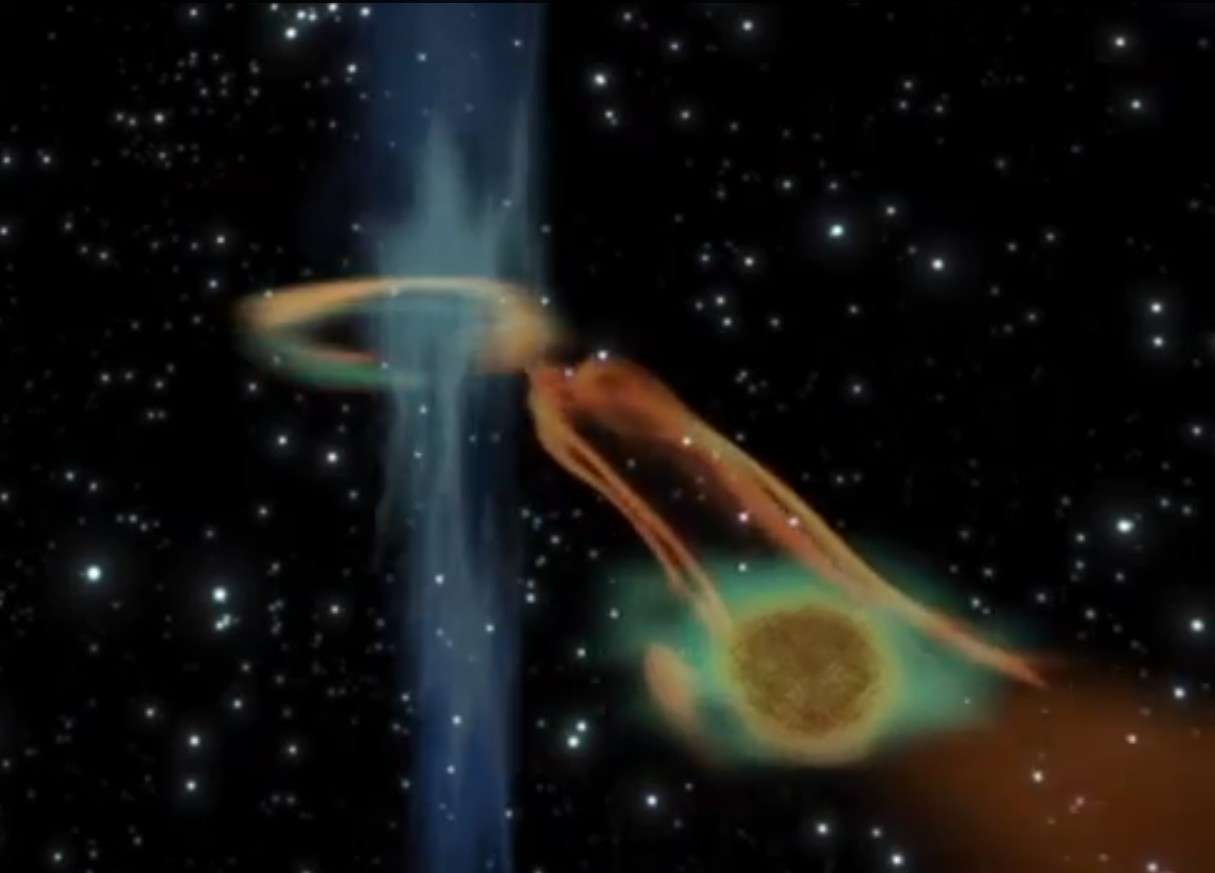 Cette modélisation montre le chemin qu'emprunte la matière, arrachée des couches extérieures d'une naine brune (en bas à droite) par un trou noir (au centre de l'image). Un spectacle que les astronomes ont découvert dans la galaxie NGC 4845. © Esa