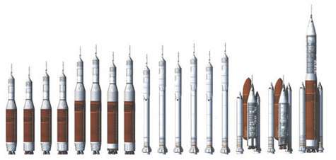Concepts de lanceurs dérivés d'éléments propulsifs de la navette spatiale. Le concept retenu par la NASA est un lanceur à superposition d'étages (à droite de l'image).