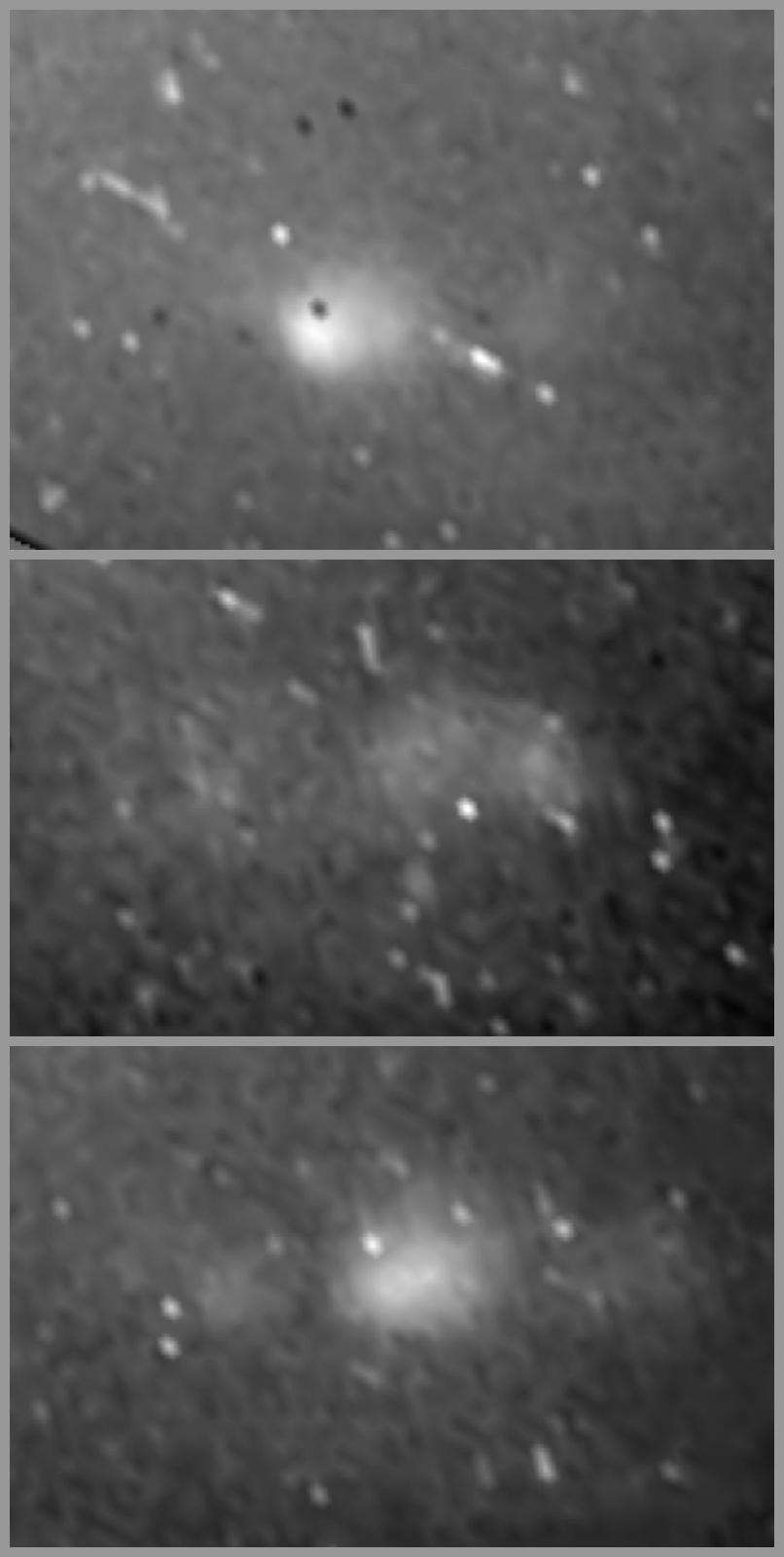 Ces trois images prises par la sonde Cassini alors qu'elle se trouvait à un peu plus de deux millions de kilomètres de Saturne montrent le flash lumineux d'éclairs au cours d'un orage. Crédit Nasa/JPL-Caltech/Space Science Institute