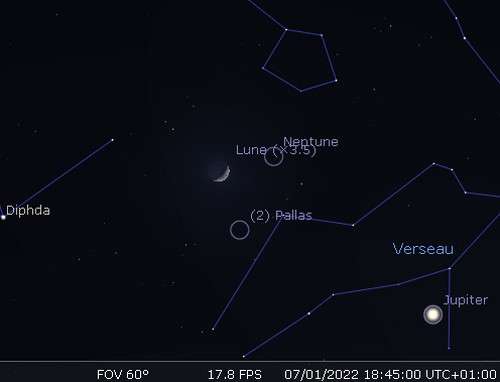 La Lune en rapprochement avec Neptune et Pallas
