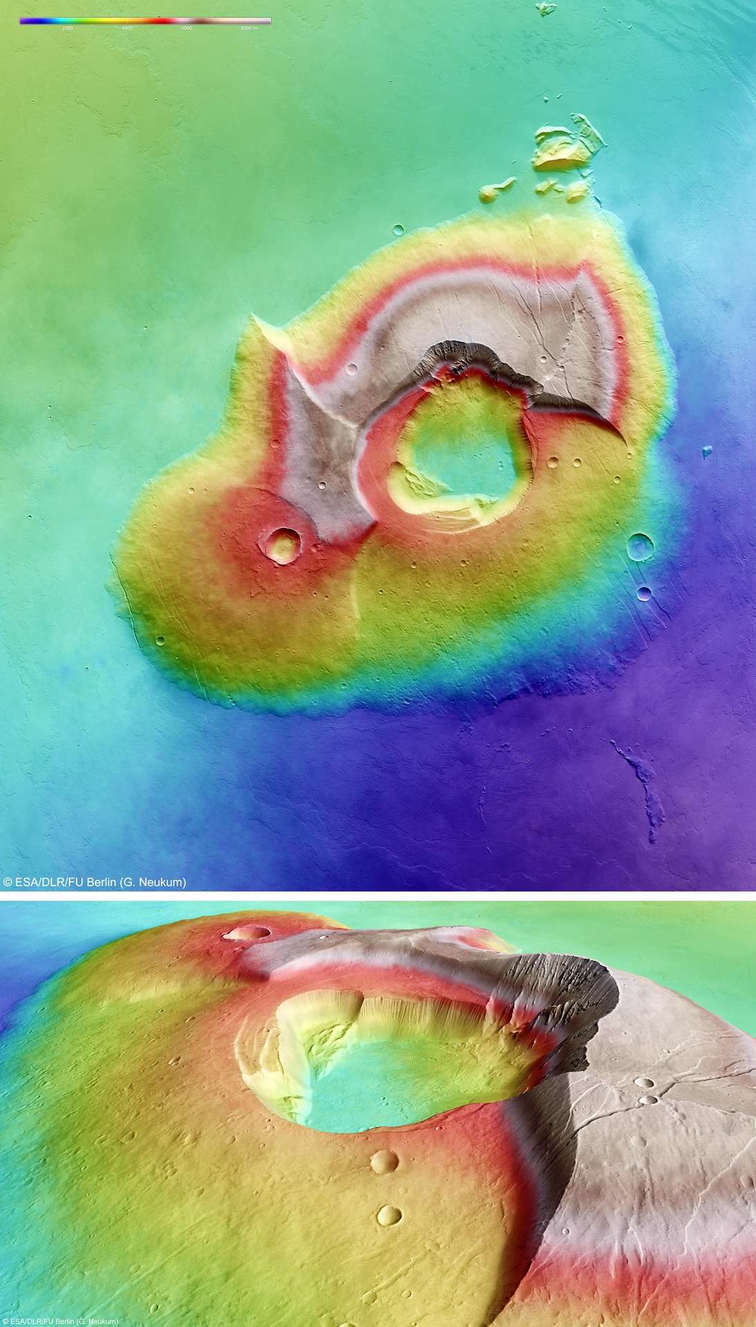 Le volcan Tharsis Tholus vu sous deux angles différents grâce à des images réalisées par la sonde Mars Express. © Esa/DLR/FU Berlin (G. Neukum)