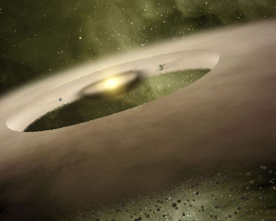 Vue d'artiste du système planétaire de UX Tau A. Le grand chantier qui fabriquera les planètes par accrétion de poussières commence seulement... Nasa/JPL-Caltech/T. Pyle (SSC)