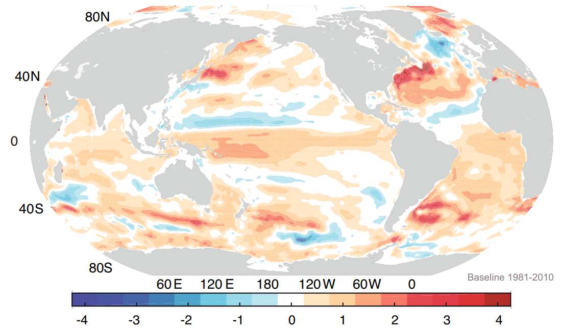 2018 a été l'année la plus chaude pour les océans. Cette carte montre la différence de chaleur stockée dans les océans en 2018 (ocean heat content ou OHC en anglais) par rapport à la moyenne sur 1981 à 2010 en GJ/m². © Lijing Cheng et al., Advances in Atmospheric Sciences, 2019