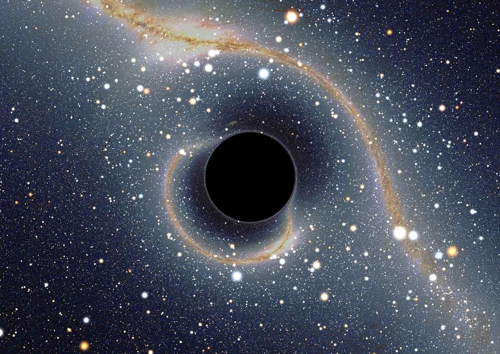 La voûte céleste, telle que la verrait un observateur situé près d'un hypothétique trou noir devant le centre de notre galaxie. À cause de la déflexion de la lumière passant près du trou noir, l'image de la Voie lactée n'est plus rectiligne. De plus, les principales constellations sont très déformées. On peut tout de même reconnaître le Sagittaire et le Scorpion en haut à gauche, et Alpha et Bêta du Centaure en bas à droite. Une image secondaire de toute la voûte céleste se trouve enroulée dans un cercle à proximité immédiate de la silhouette du trou noir. Remarquablement, la physique des trous noirs établit un pont entre une théorie quantique de la gravitation et l'holographie. © Alain Riazuelo, IAP