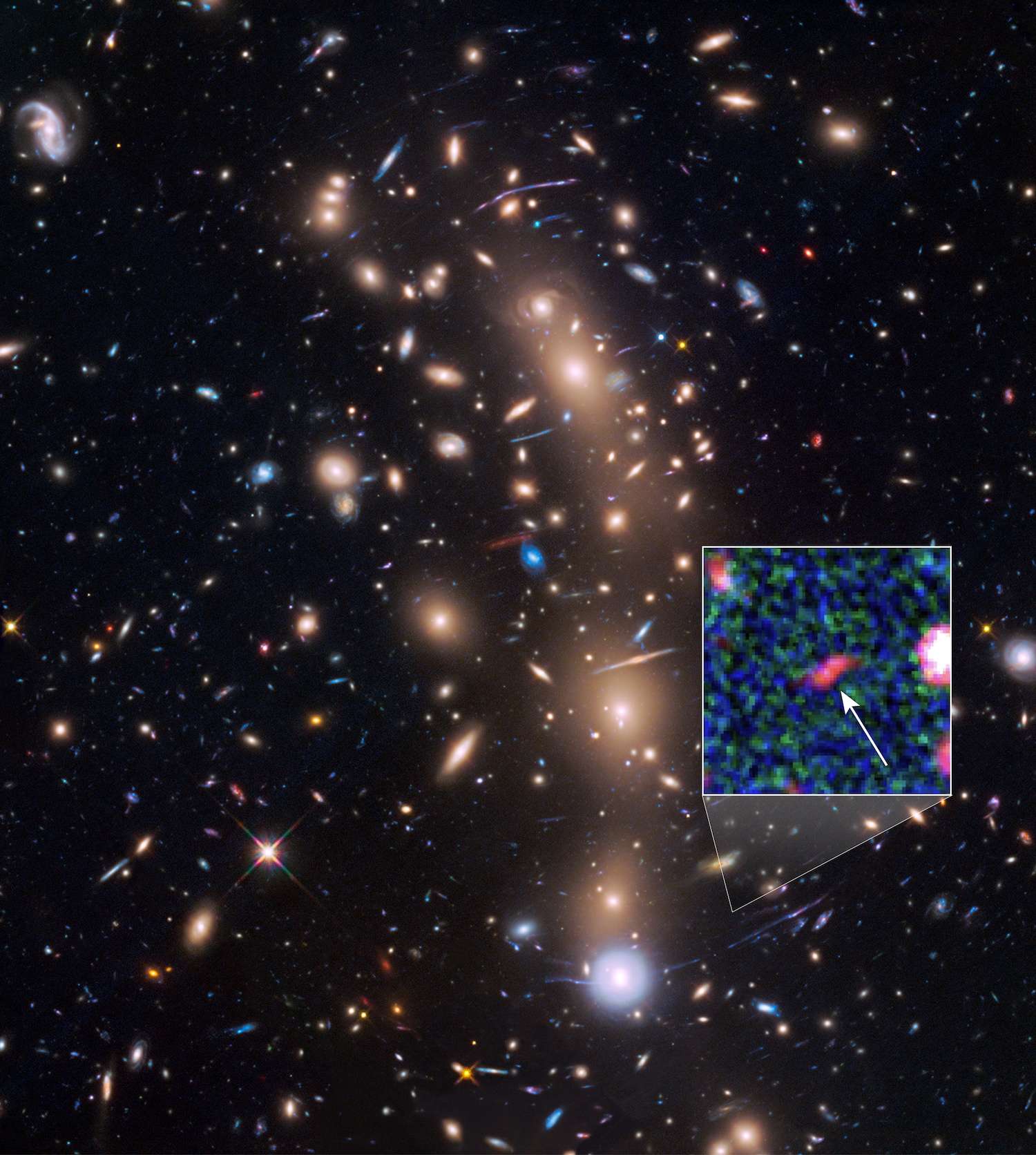 L’amas de galaxies MACS J0416.1-2403 à l’avant-plan permet de magnifier les objets du champ profond. Grâce à cet effet de lentille gravitationnelle, une équipe a débusqué une vingtaine de protogalaxies dont une, sombre et petite (ici 20 fois plus brillante grâce à l’amas), qui existait déjà lorsque l’univers n'avait que 400 millions d’années (son décalage vers le rouge est d'environ 10). Les astronomes l’ont surnommée « Tayna », « premier-né » en langue aymara. © Nasa, Esa, L. Infante (Pontificia Universidad Católica de Chile)
