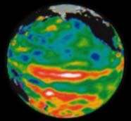 Représentation de El Niño qui correspond à l'élévation de la température de la surface de la mer dans l'océan Pacifique tropical ouest. (En rouge sur la carte)