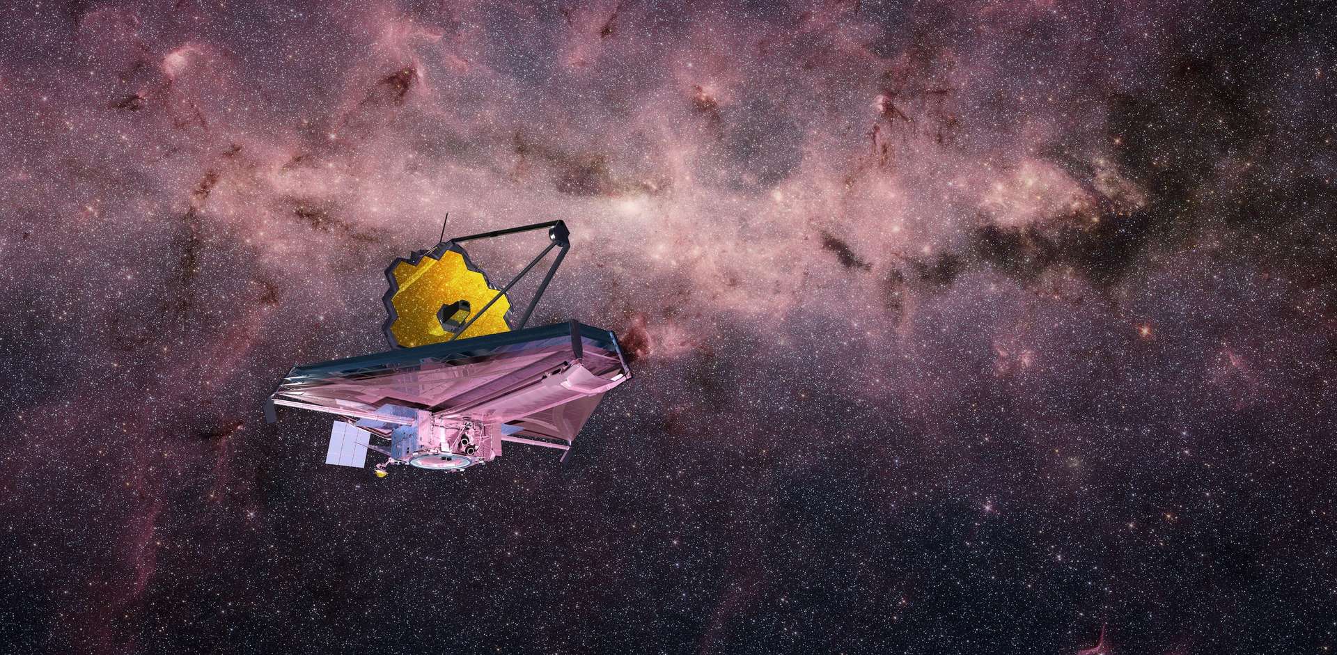 Cette vue d’artiste montre le télescope spatial James Webb de la Nasa entièrement déployé dans l’espace. Les premières images en couleur et les premières données spectroscopiques donneront une idée de la puissance de l’instrument. © 24K-Production, Adobe Stock