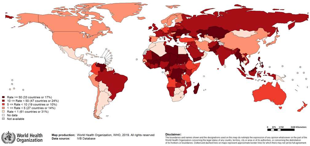 Carte d'incidence de la rougeole dans le monde basée sur les données rapportées à l'OMS de mars 2018 à février 2019. © WHO