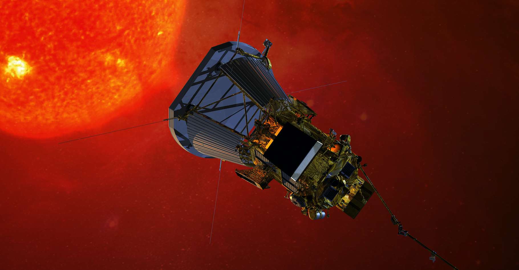 Une vue d’artiste de la sonde solaire Parker (Nasa), lancée en 2018, et dont l’objectif est, entre autres, d’étudier le vent solaire à seulement 0,3 unité astronomique de notre Soleil. © Nasa, Johns Hopkins University Applied Physics Laboratory