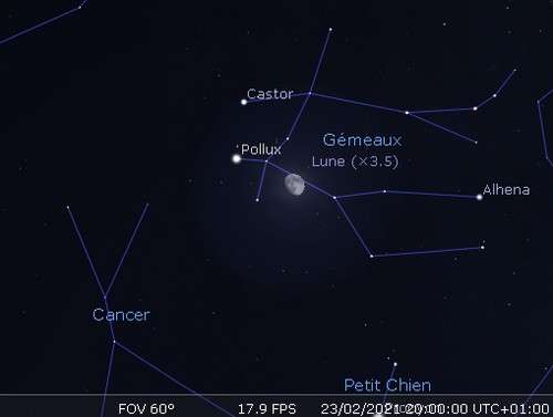 La Lune en rapprochement avec Pollux et Castor