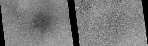 La planète Mars bien plus active qu'on le pensait Ce cratère situé dans la partie méridionale d'Ulysse Patera n'existait pas sur les images prises par l'orbiteur de Viking 2 en 1976. Aperçu pour la première fois en 1999 par Mars Global Surveyor, il montre de nombreux rayonnements d'éjectas foncés. En 200