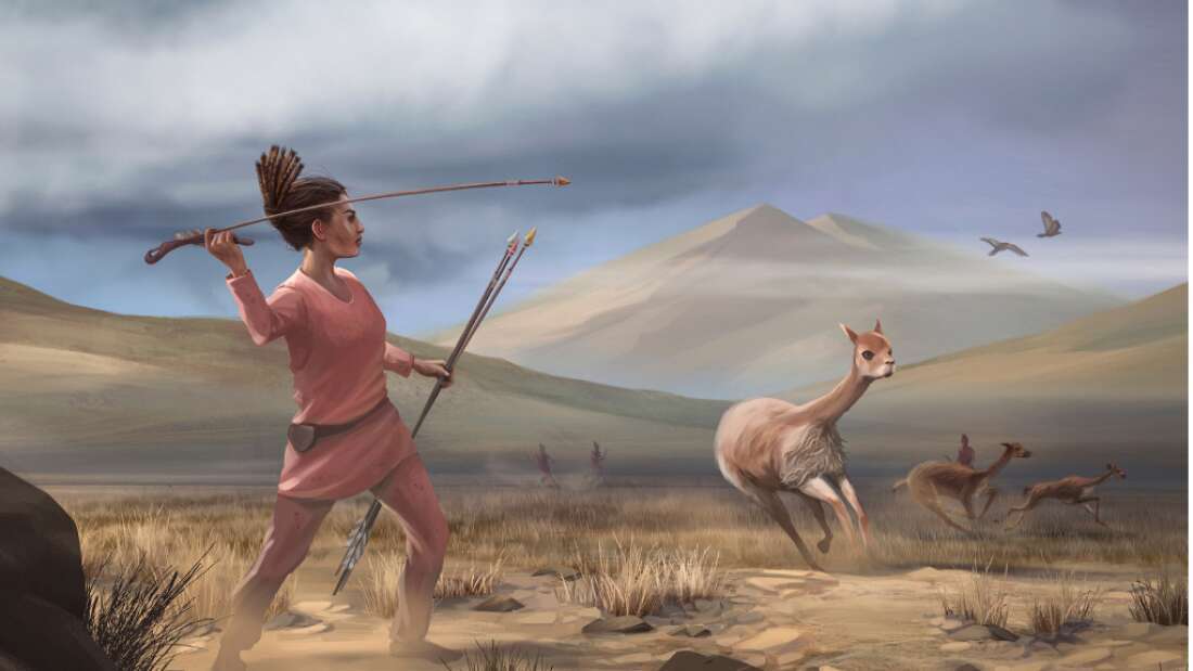 Vue d'artiste d'une jeune femme chassant il y a 9 000 ans au Pérou.  © Matthew Verdolivo, UC Davis IET Academic Technology Services,