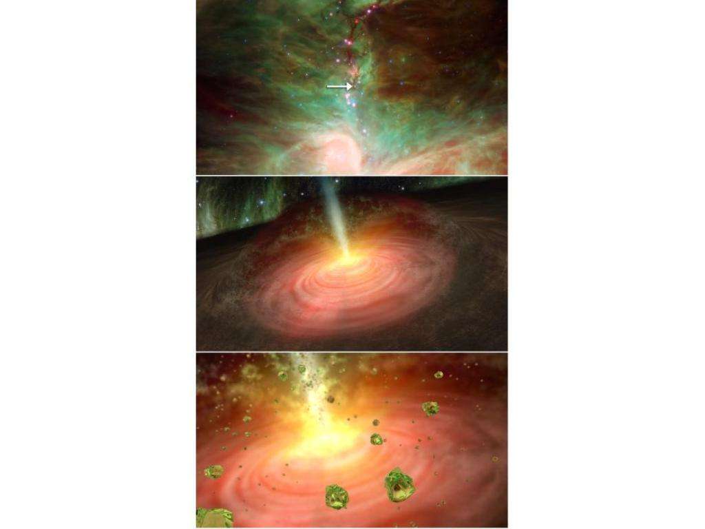 L'image du haut a été prise dans l'infrarouge par le télescope Spitzer de la Nasa. L'image d'artiste du milieu montre comment les cristaux d'olivine sont suspectés d'avoir été transportés par des jets dans le nuage externe autour de l'étoile en développement. La dernière image d'artiste montre une pluie de cristaux sur le disque de poussières entourant la protoétoile. © Nasa/JPL-Caltech/University of Toledo