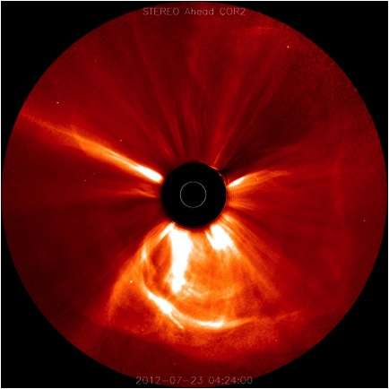 Le Soleil est masqué par le coronographe du satellite Stereo-A pour permettre l’étude de son environnement appelé couronne solaire. On distingue sur cette image datant du 23 juillet 2012 la propagation d’une éjection de masse coronale (ou coronal mass Ejection, CME) en direction du satellite. Le flux de protons s’est précipité en direction de l’orbite terrestre à une vitesse supérieure à 2.000 km/s. © Nasa, Stereo