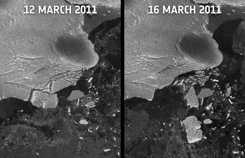 À gauche, l'image prise par le satellite Envisat le 12 mars 2011 montre l'extrémité de la plateforme de Sulzberger qui commence à se fracturer. Sur l'image du 16 mars à droite, les deux glaçons, plus grands que l'île de Noirmoutier, sont libres. © Esa