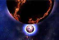 GRB 070714B, une explosion mystérieuse aux confins de l’Univers Cet énorme sursaut gamma résulte peut-être de la collision de deux étoiles à neutrons... (vue d'artiste). Crédit Nasa/Dana Berry