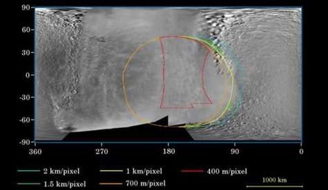 Les régions de Rhéa survolées par Cassini et la résolution des images attendues