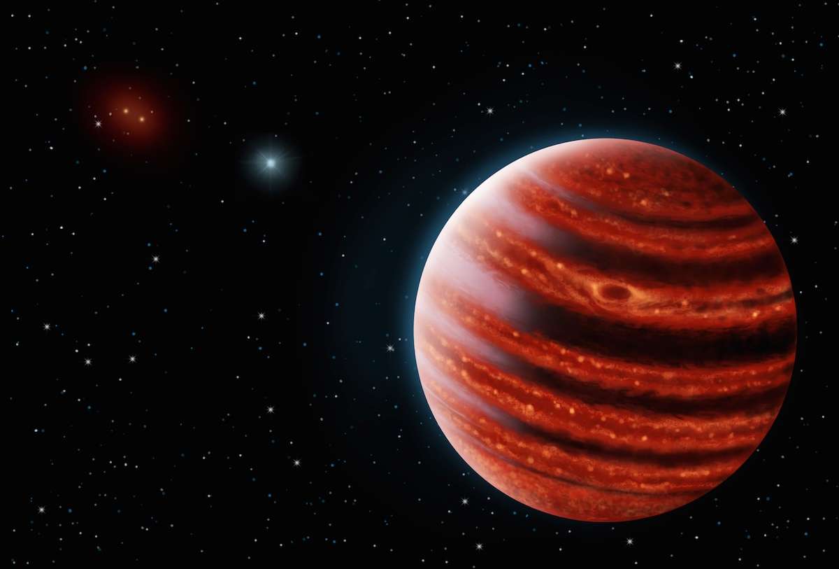 Illustration de la jeune 51 Eridani b observée dans l’infrarouge. L’exoplanète géante et gazeuse, formée il y a moins de 20 millions d’années, est deux fois plus massive que Jupiter. © Danielle Futselaar & Franck Marchis, Seti Institute