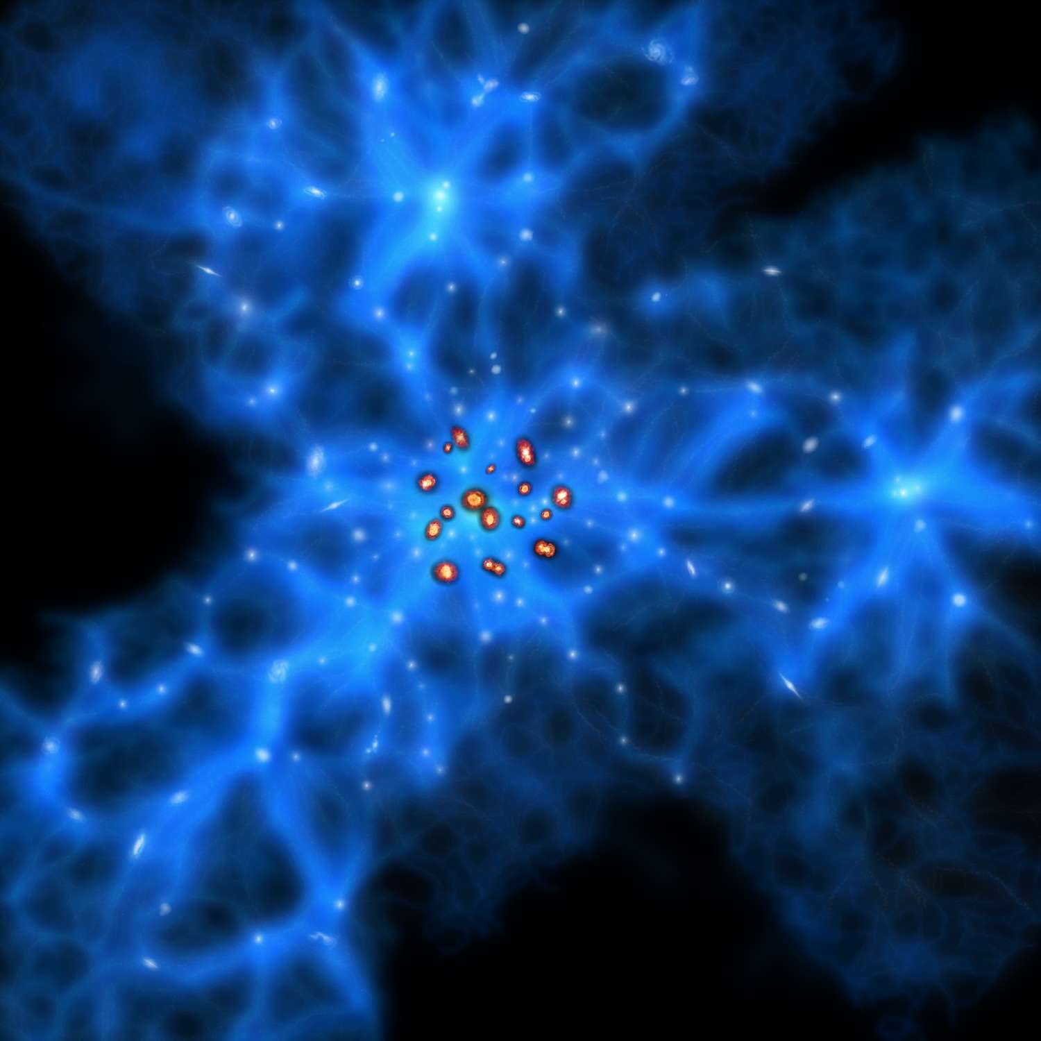 Les futures galaxies géantes elliptiques prennent généralement naissance aux confluents des immenses filaments de matière noire comme le montrent les observations conjointes d’Alma, ASTE et Subaru. © Alma, ESO, NAOJ, NRAO