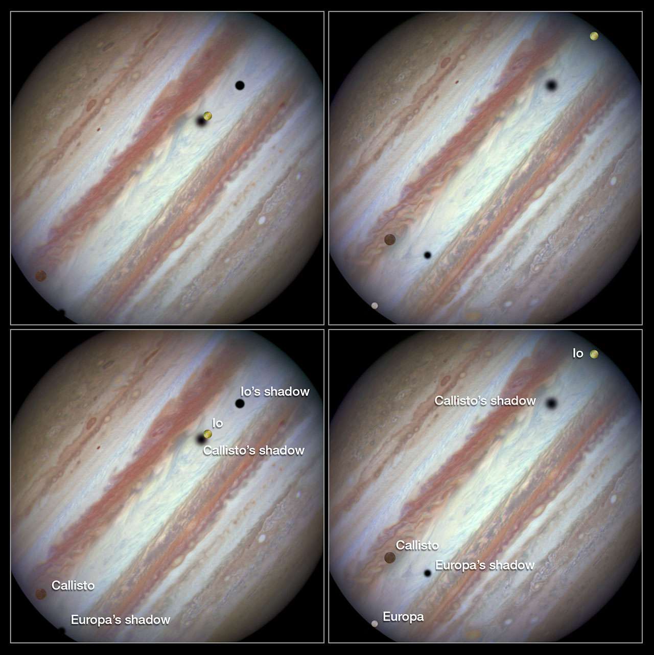 L’événement débute à gauche avec les ombres projetées sur l’atmosphère rayée de Jupiter, de Callisto (entrée la première), Io et enfin Europe qui apparaît en dernier. Environ 42 mn plus tard, les trois satellites sont réunis un court instant. Les détails des images réalisées avec la caméra WFC3 d’Hubble permettent de distinguer la surface de ces satellites galiléens. Le quatrième, Ganymède, n’a pas fait partie de la balade. © Esa, Nasa, Hubble Heritage team