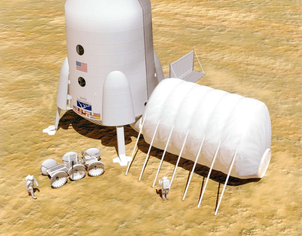 Concept exploratoire (1997) d'habitat martien de la Nasa, s'appuyant sur une structure gonflable reliée à l'atterrisseur. © Nasa / Johnson Space Center