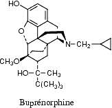 La buprénorphine est un morphinomimétique dérivé de la thébaïne, ayant un effet analgésique majeur, équivalent à celui de la morphine, qui dure environ huit heures et qui est obtenu avec une dose environ trois fois plus faible que celle de morphine.