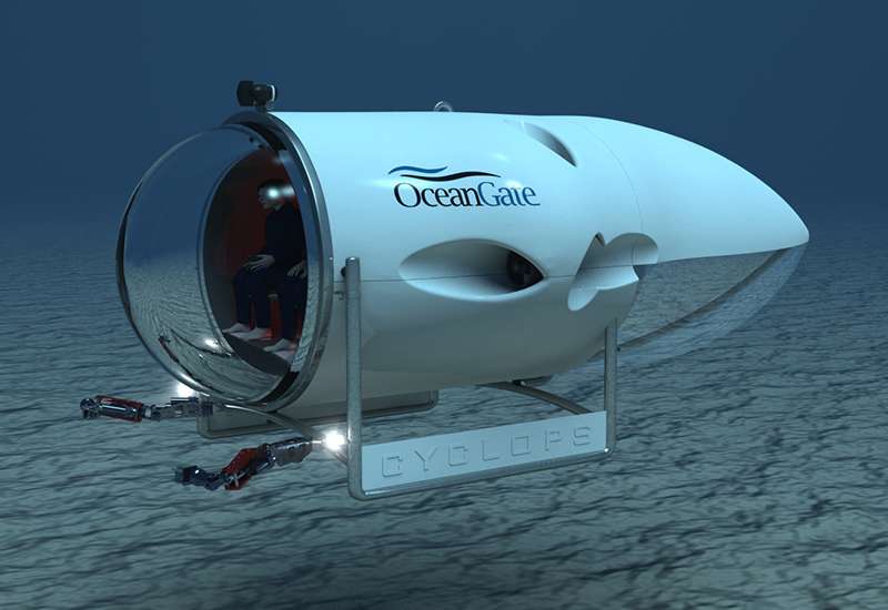 Cyclops sera le premier sous-marin pouvant explorer les grands fonds et dont la coque est uniquement composée de fibre de carbone et de verre. Il disposera également de deux bras robotisés. © OceanGate Inc.