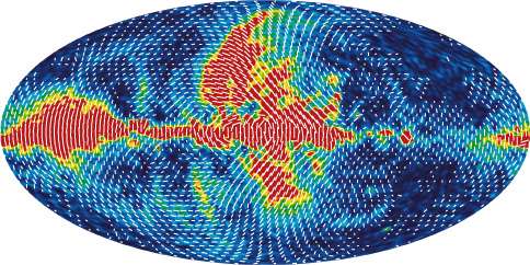 En rouge la polarisation la plus intense selon les modes E du rayonnement fossile. En bleu, la moins intense. Crédit : Nasa