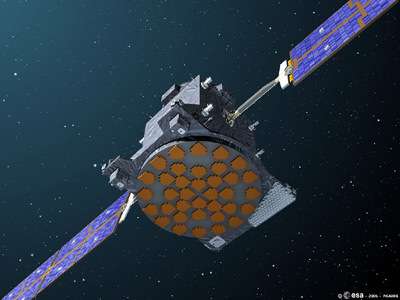 Vue d'artiste de GIOVE A, premier satellite de la phase de validation de Galileo(crédit : ESA)