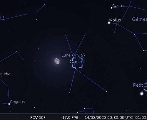 The Moon in rapprochement with the Crèche cluster