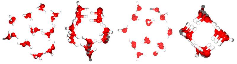 Isomères de (H2O)20, des amas de molécules d'eau pouvant former des cages moléculaires. Crédit : William R. Wiley, Environmental Molecular Sciences Laboratory