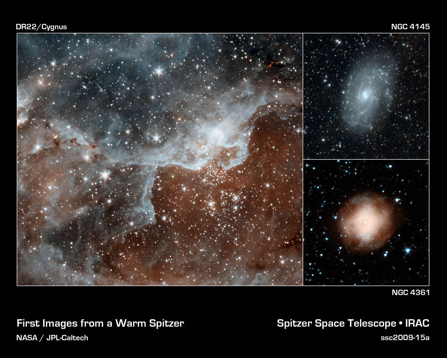 Spitzer est toujours capable de livrer de superbes images comme en témoignent celle d'un grand nuage moléculaire du nom de DR22 (à gauche) ainsi que celle d'une galaxie spirale NGC 4145 (en haut à droite) et enfin de la nébuleuse planétaire NGC 4361. Crédit : NASA/JPL-Caltech