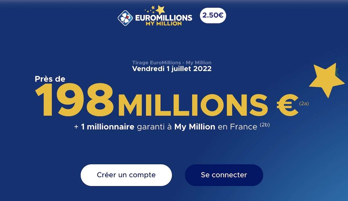 Ne manquez pas le méga jackpot exceptionnel EuroMillions FDJ de 198 millions d'euros en jeu à gagner ce soir. (Source : FDJ.fr)